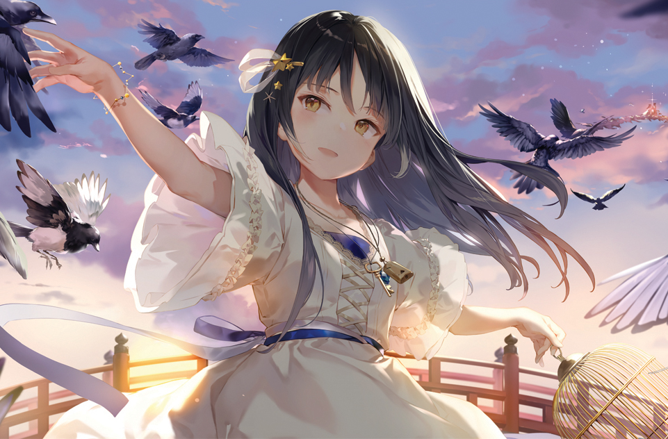 1girl bird birdcage black_hair blue_ribbon brown_eyes cage dress gilse holding holding_cage jewelry key long_hair magpie necklace outdoors railing ribbon short_sleeves solo standing sunset whistle white_dress