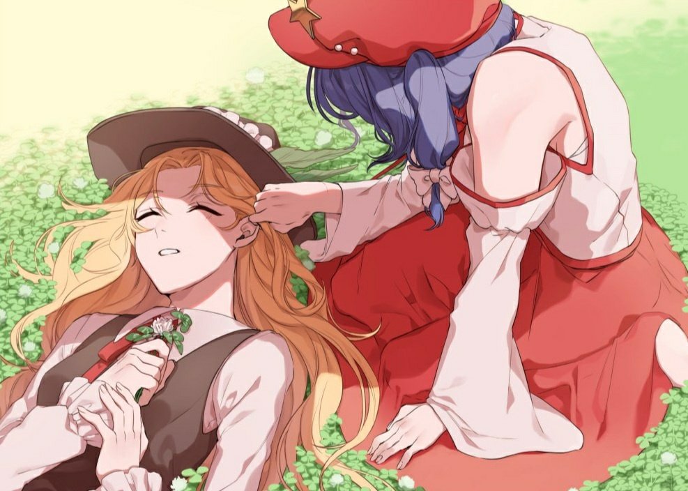 2girls bangs bare_shoulders barefoot blonde_hair blue_hair brown_headwear brown_vest cabbie_hat collared_shirt commentary_request fedora flower frilled_hat frills hat hat_feather hat_ornament holding holding_flower jacket_girl_(dipp) japanese_clothes label_girl_(dipp) laspberry. long_hair long_skirt long_sleeves lying miko multiple_girls on_back parted_bangs parted_lips red_headwear red_ribbon red_skirt ribbon shirt side_ponytail skirt sleeping star_(symbol) star_hat_ornament touhou very_long_hair vest wavy_hair white_shirt white_sleeves white_vest wide_sleeves