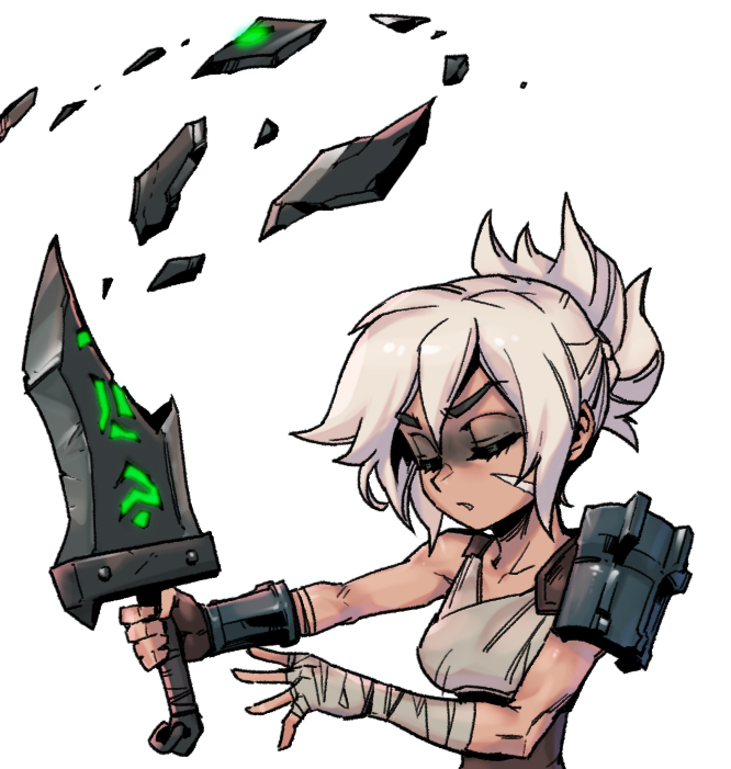 1girl armor bandaged_arm bandages bangs breasts broken broken_sword broken_weapon closed_eyes collarbone commentary_request from_side grey_background grey_hair holding holding_sword holding_weapon league_of_legends medium_breasts parted_lips phantom_ix_row riven_(league_of_legends) shiny shiny_hair short_hair shoulder_armor simple_background single_bare_shoulder single_shoulder_pad sword upper_body weapon