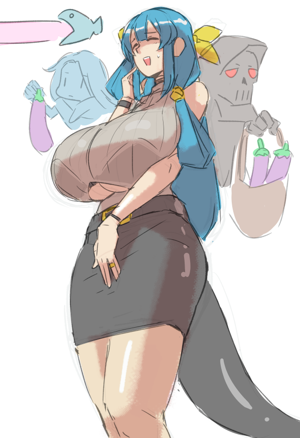 1girl alternate_breast_size bag belt black_skirt black_tail blue_hair bralines breasts clothing_cutout dizzy_(guilty_gear) eggplant english_commentary eu03 guilty_gear huge_breasts jewelry justice_(guilty_gear) laughing long_hair mature_female older pencil_skirt ribbed_sweater ring shopping_bag sketch skirt sleeveless sleeveless_turtleneck solo sweatdrop sweater tail turtleneck turtleneck_sweater under_boob underboob_cutout undine_(guilty_gear) unfinished wedding_band