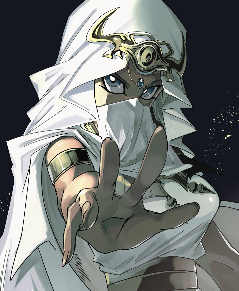 1girl black_background blue_gemstone bracelet breasts bright_pupils commentary_request dark-skinned_female dark_skin egyptian fingernails gem grey_eyes highres hood hood_up ishizu_ishtar jewelry looking_at_viewer mouth_veil outstretched_hand shi_(shooo_ttt) solo spread_fingers upper_body veil white_pupils yu-gi-oh!