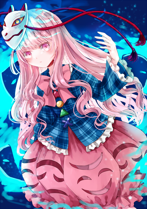 1girl aura bangs blue_background blue_shirt blush bow bowtie bubble_skirt buttons circle closed_mouth dutch_angle expressionless fox_mask frilled_skirt frilled_sleeves frills hata_no_kokoro jaku_sono long_hair long_sleeves looking_at_viewer mask mask_on_head multicolored_buttons pink_bow pink_bowtie pink_eyes pink_hair pink_skirt plaid plaid_shirt shiny shiny_hair shirt skirt solo star_(symbol) tassel touhou triangle wavy_hair x