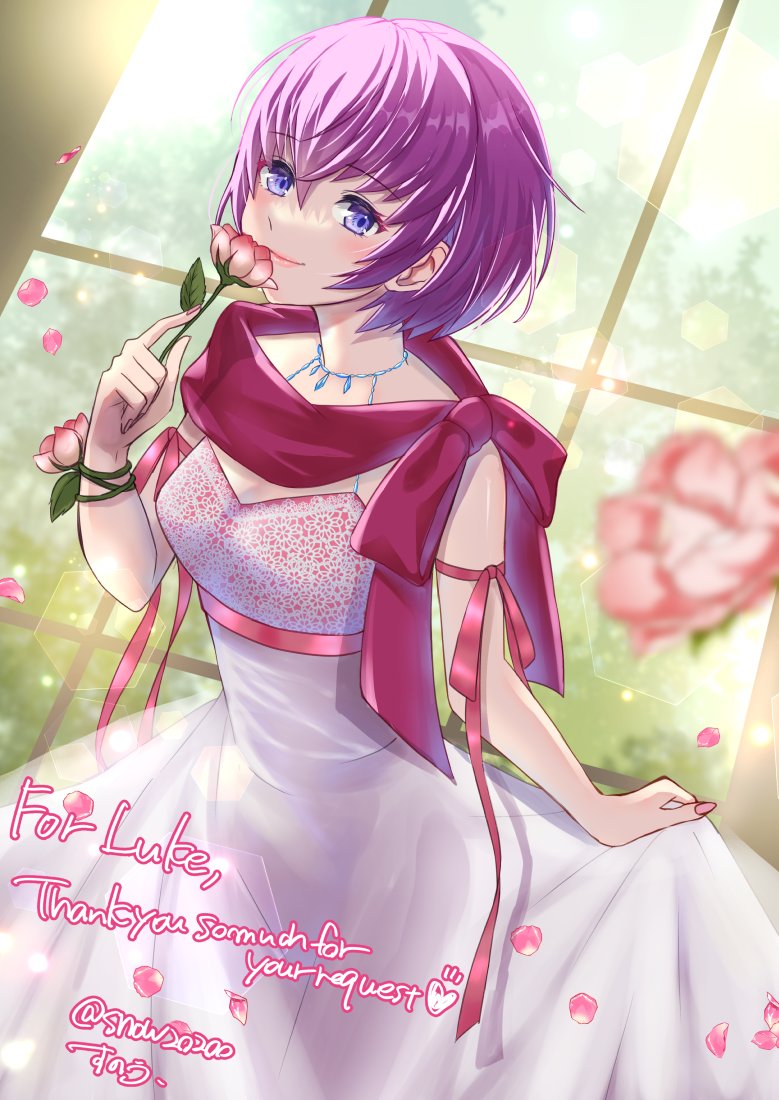 1girl dress eyebrows_visible_through_hair fire_emblem fire_emblem:_mystery_of_the_emblem flower holding holding_flower katarina_(fire_emblem) looking_at_viewer petals purple_hair ribbon short_hair smile snow20200 violet_eyes wedding_dress