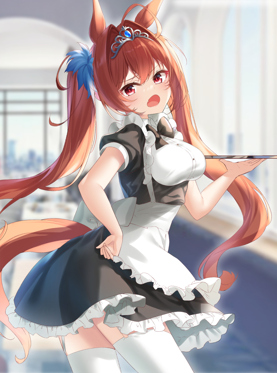 1girl ahoge alternate_costume animal_ears apron bangs black_dress blurry blurry_background breasts brown_hair commentary_request daiwa_scarlet_(umamusume) day depth_of_field dress enmaided eyebrows_visible_through_hair fang frilled_apron frills from_side garter_straps hair_between_eyes hair_intakes hand_on_hip highres holding holding_tray horse_ears horse_girl horse_tail indoors long_hair looking_at_viewer looking_to_the_side maid medium_breasts open_mouth puffy_short_sleeves puffy_sleeves red_eyes rukinya_(nyanko_mogumogu) shirt short_sleeves solo tail thigh-highs tiara tray twintails umamusume very_long_hair white_apron white_legwear white_shirt