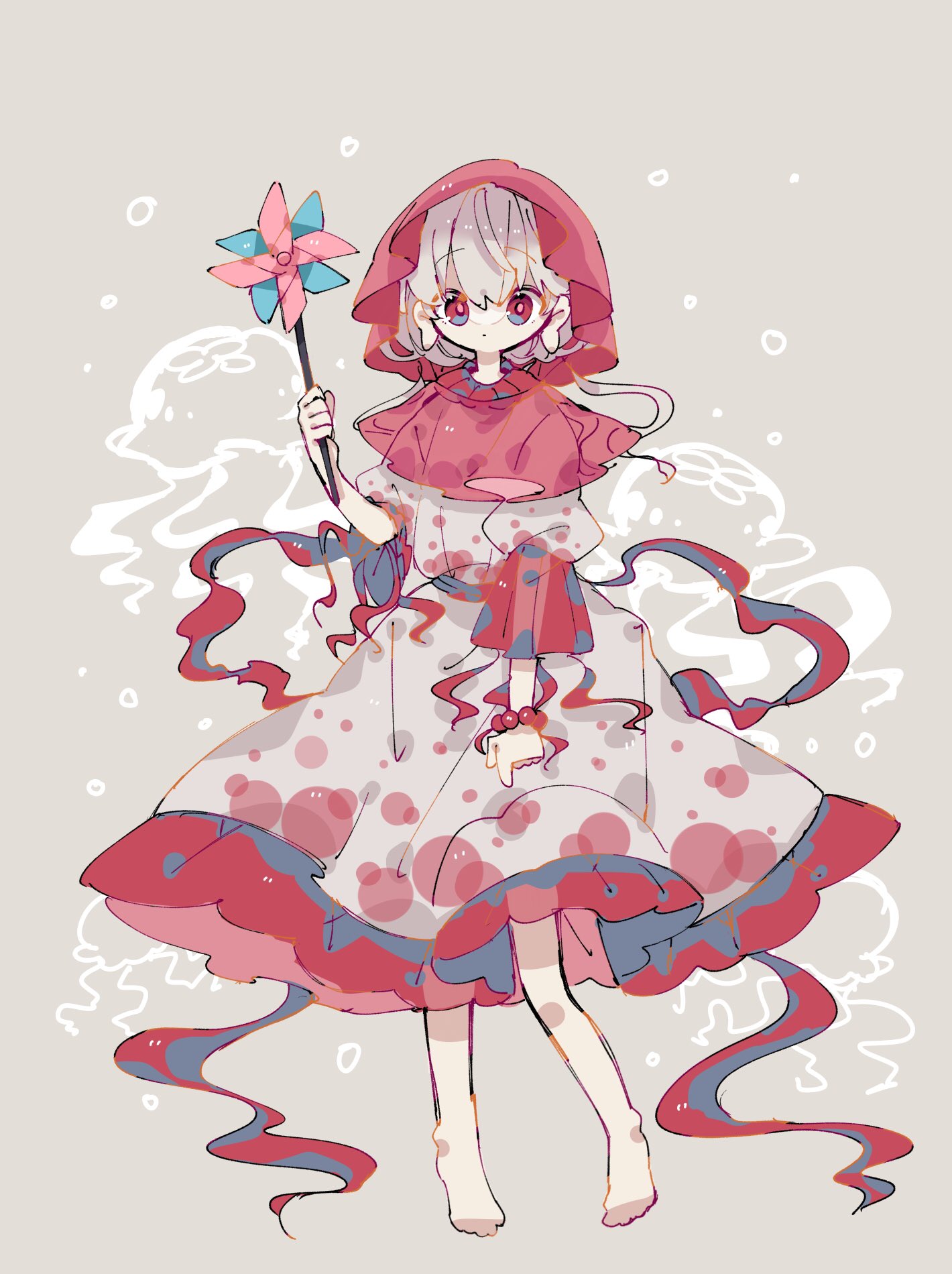 1girl alternate_costume bangs barefoot capelet commentary dot_mouth dress ebisu_eika eyebrows_visible_through_hair full_body highres hooded_dress jellyfish long_earlobes looking_at_viewer multicolored_clothes multicolored_dress pinwheel puffy_sleeves red_capelet red_dress red_eyes red_ribbon ribbon roamu_65 socks solo touhou white_dress white_hair white_legwear