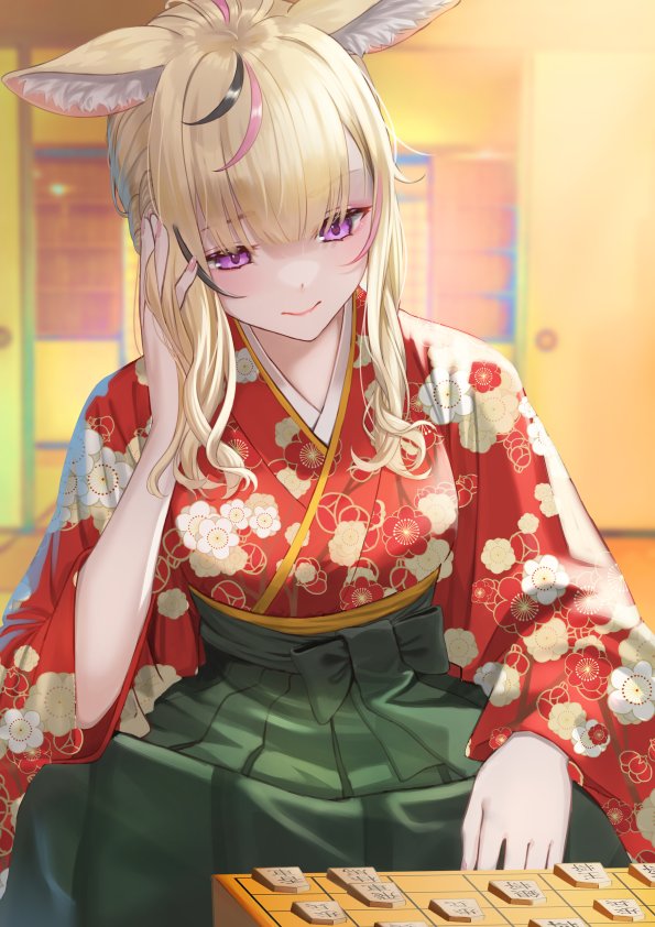 1girl animal_ears bangs blush board_game commission fennec_fox floral_print fox_ears fox_girl green_hakama hakama hololive japanese_clothes kimono long_hair multicolored_hair nail_polish omaru_polka pink_eyes red_kimono rushian shogi skeb_commission smile solo virtual_youtuber