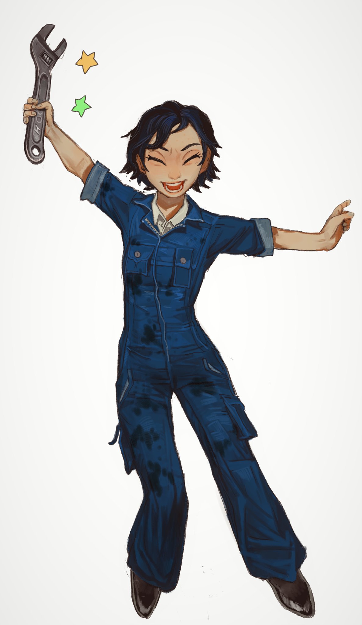 1girl :d black_hair blue_overalls closed_eyes copyright_request facing_viewer full_body highres holding holding_wrench mossacannibalis open_mouth outstretched_arms overalls short_hair short_sleeves simple_background smile solo spread_arms stained_clothes white_background wrench