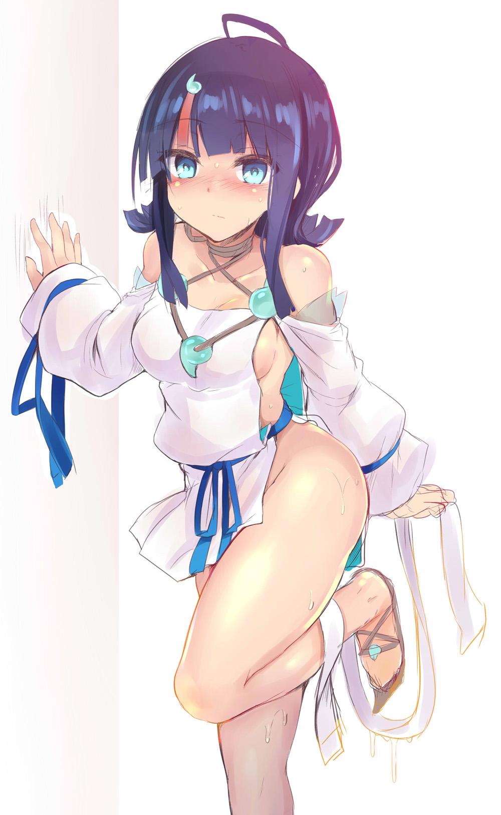 1girl bangs bare_shoulders black_hair blue_eyes blue_ribbon blush breasts collarbone dress fate/grand_order fate/requiem fate_(series) highres japanese_clothes jewelry large_breasts long_sleeves looking_at_viewer magatama magatama_hair_ornament magatama_necklace medium_hair multicolored_hair necklace no_panties pelvic_curtain pink_hair puffy_long_sleeves puffy_sleeves ribbon sandals sen_(astronomy) short_dress sideboob sideless_outfit solo streaked_hair thighs utsumi_erise wet white_dress