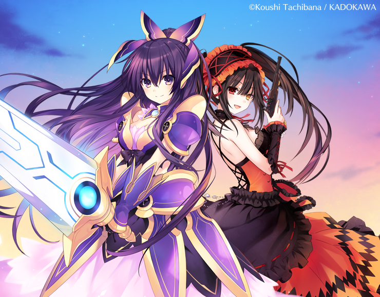 2girls armor armored_dress asymmetrical_hair black_hair bow clock clock_eyes date_a_live detached_sleeves gloves gothic_lolita gun hairband heterochromia lolita_fashion lolita_hairband long_hair multiple_girls non-web_source purple_hair red_eyes shiny shiny_clothes sword symbol-shaped_pupils tokisaki_kurumi tsunako twintails uneven_twintails very_long_hair violet_eyes weapon yatogami_tooka yellow_eyes