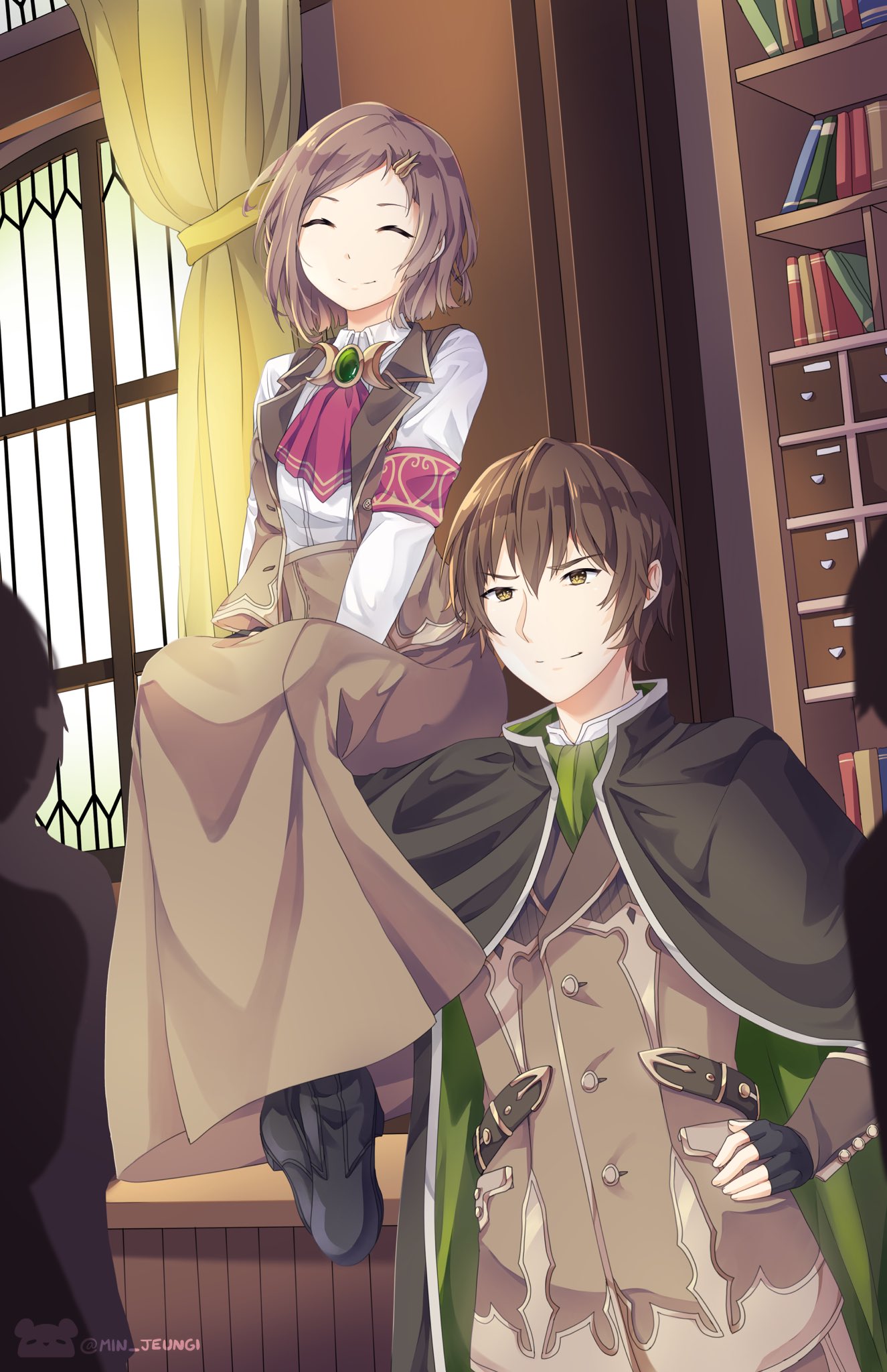 1boy 1girl ^_^ armband ascot atelier_(series) atelier_rorona boots brown_hair brown_suit cloak closed_eyes commentary english_commentary esty_erhard formal hair_ornament hairpin hands_on_lap highres min_jeungi shirt short_hair sitting_on_shoulder smile sterkenburg_cranach suit vest white_shirt yellow_eyes