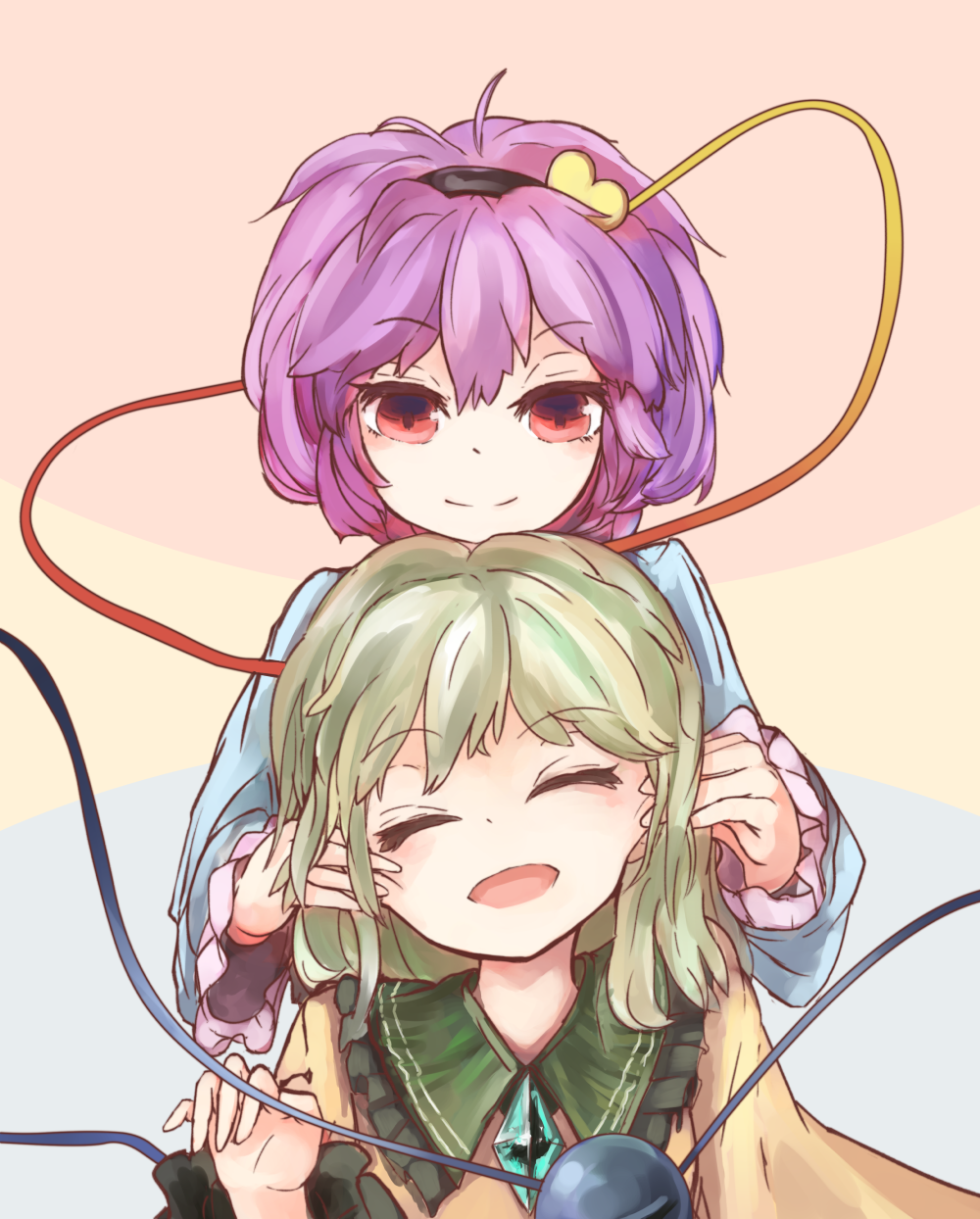 2girls :d bad_id bad_pixiv_id black_hairband blouse blue_shirt blush cheek_pull closed_eyes closed_mouth commentary eyebrows_visible_through_hair frilled_shirt_collar frilled_sleeves frills green_hair hair_between_eyes hair_ornament hairband hands_on_another's_cheeks hands_on_another's_face happy head_on_head head_rest heads_together heart heart_hair_ornament highres komeiji_koishi komeiji_satori long_sleeves looking_at_another looking_down medium_hair multiple_girls no_hat no_headwear open_mouth purple_hair red_eyes saltlaver shirt short_hair siblings simple_background sisters smile split_mouth third_eye touhou wide_sleeves yellow_shirt