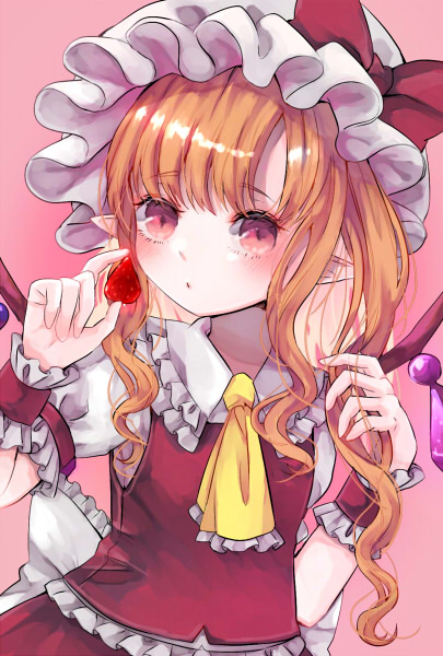 1girl :o ascot back_bow bangs blush bow crystal expressionless eyebrows_visible_through_hair flandre_scarlet frilled_ascot frills hat hat_ribbon holding jaku_sono looking_at_viewer medium_hair mob_cap one_side_up pointy_ears puffy_short_sleeves puffy_sleeves red_bow red_eyes red_ribbon red_skirt red_vest ribbon shiny shiny_hair shirt short_sleeves skirt solo symbol-only_commentary touhou upper_body vest white_bow white_headwear white_shirt wings wrist_cuffs yellow_ascot