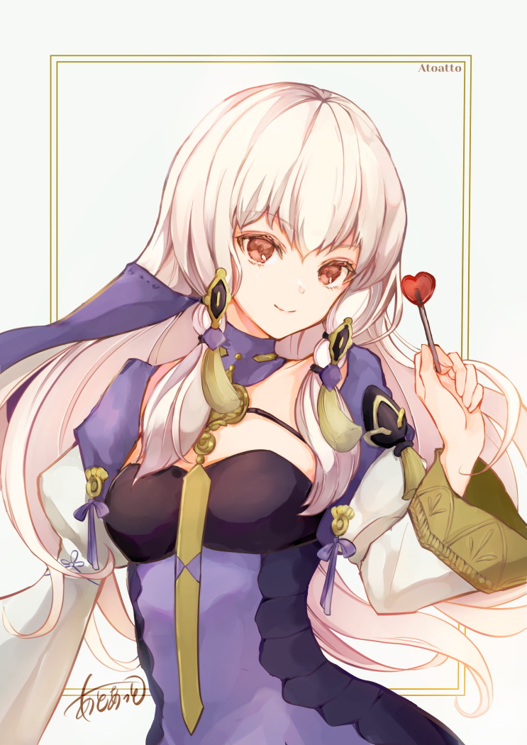 1girl atoatto bangs breasts candy closed_mouth detached_collar dress eyebrows_visible_through_hair fire_emblem fire_emblem:_three_houses food hair_ornament holding jewelry lollipop long_hair long_sleeves looking_at_viewer lysithea_von_ordelia pink_eyes purple_dress simple_background small_breasts smile solo sweets upper_body veil white_background white_hair white_sleeves