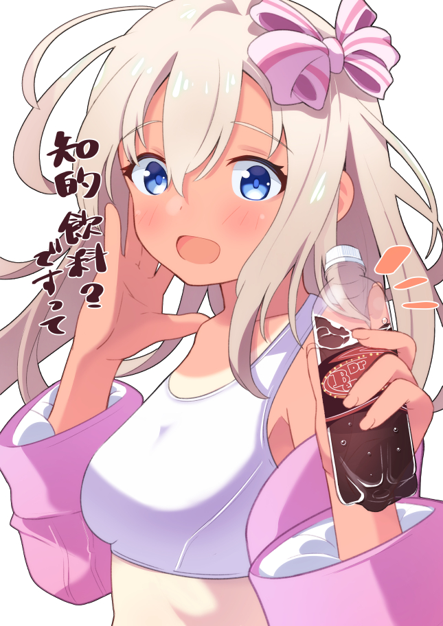 1girl bikini blonde_hair blue_eyes bottle bow commentary_request jacket kantai_collection long_hair looking_at_viewer official_alternate_costume one-piece_tan pink_jacket ro-500_(kancolle) sanninme_no_haru soda_bottle solo striped striped_bow swimsuit tan tanlines upper_body white_bikini