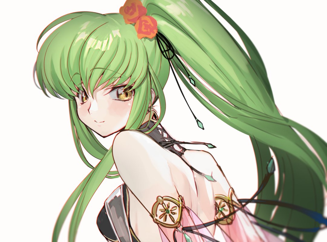 1girl bangs bare_shoulders blush breasts brown_eyes c.c. closed_mouth code_geass creayus detached_sleeves eyebrows_visible_through_hair flower from_behind hair_flower hair_ornament long_hair looking_at_viewer looking_back medium_breasts ponytail red_flower red_rose rose see-through short_sleeves sideboob simple_background smile solo upper_body very_long_hair white_background