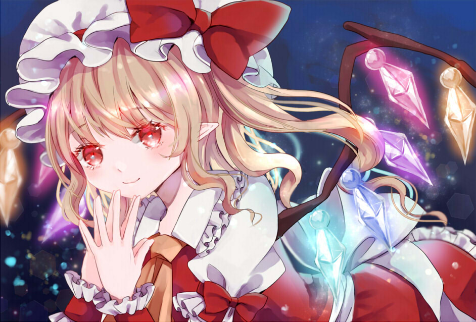 1girl ascot bangs blonde_hair blush bow closed_mouth commentary_request crystal eyebrows_visible_through_hair flandre_scarlet frilled_shirt frilled_shirt_collar frilled_skirt frilled_sleeves frills hat hat_ribbon jaku_sono light_particles looking_at_viewer medium_hair mob_cap night one_side_up own_hands_together pointy_ears puffy_short_sleeves puffy_sleeves red_bow red_eyes red_ribbon red_skirt red_vest ribbon shirt short_sleeves skirt skirt_set slit_pupils smile solo touhou upper_body vest white_headwear white_shirt wings wrist_cuffs yellow_ascot