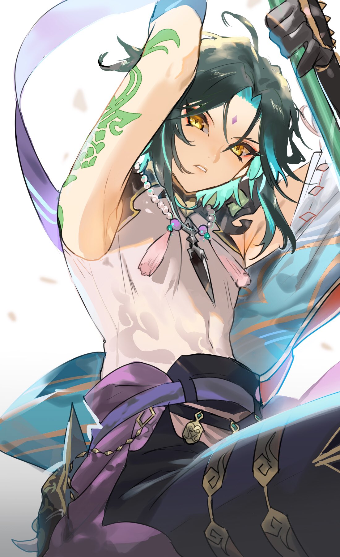 1boy arm_tattoo armpits arms_up bare_shoulders bead_necklace beads black_gloves covered_navel dark_green_hair detached_sleeves diamond-shaped_pupils diamond_(shape) facial_mark genshin_impact gloves green_hair hair_between_eyes highres holding holding_polearm holding_weapon jewelry male_focus mask mask_removed mikuroron multicolored_hair necklace parted_lips polearm shoulder_tattoo single_glove solo streaked_hair symbol-shaped_pupils tattoo turtleneck two-tone_hair weapon xiao_(genshin_impact) yellow_eyes