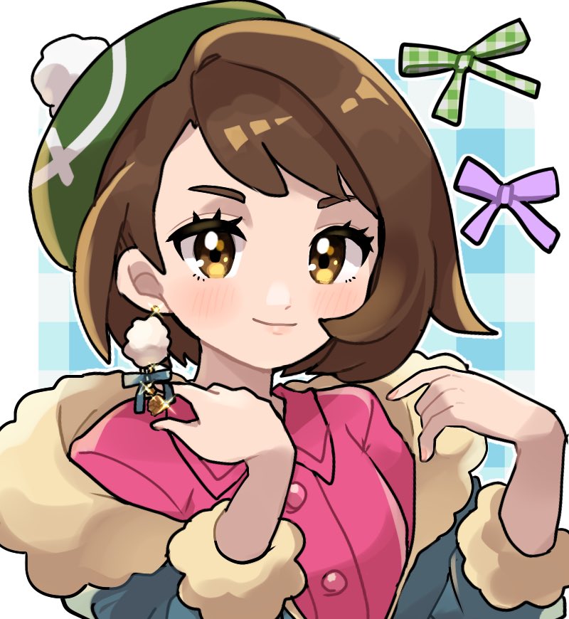 1girl bangs blush bob_cut brown_eyes brown_hair buttons closed_mouth collared_dress commentary_request cosplay dress earrings eyelashes fu_(tk1189227dhy) fur-trimmed_jacket fur_trim gloria_(pokemon) green_headwear hands_up hat hop_(pokemon) hop_(pokemon)_(cosplay) jacket jewelry pink_dress pokemon pokemon_(game) pokemon_swsh ribbon short_hair smile solo sparkle tam_o'_shanter upper_body