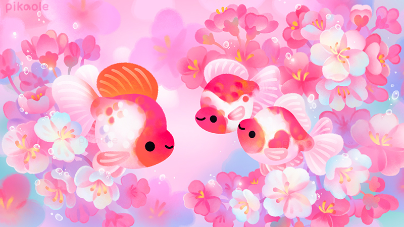 air_bubble animal animal_focus artist_name black_eyes bubble cherry_blossoms closed_mouth commentary english_commentary fins fish flower from_side goldfish no_humans original pikaole pink_flower pink_theme smile solid_circle_eyes tail_fin underwater watermark white_flower