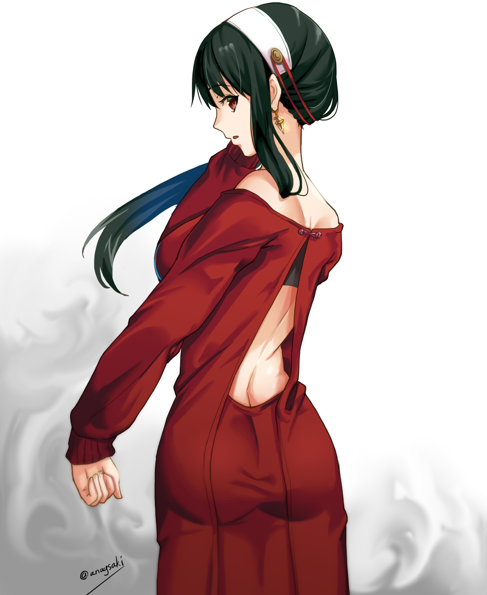 1girl aona_(anagasaki) ass back_cutout bare_shoulders black_hair butt_crack clenched_hand clothing_cutout dress earrings from_behind highres jewelry long_hair long_sleeves looking_at_viewer looking_back off_shoulder red_dress red_eyes red_ribbon ribbon solo spy_x_family twitter_username white_headwear yor_briar