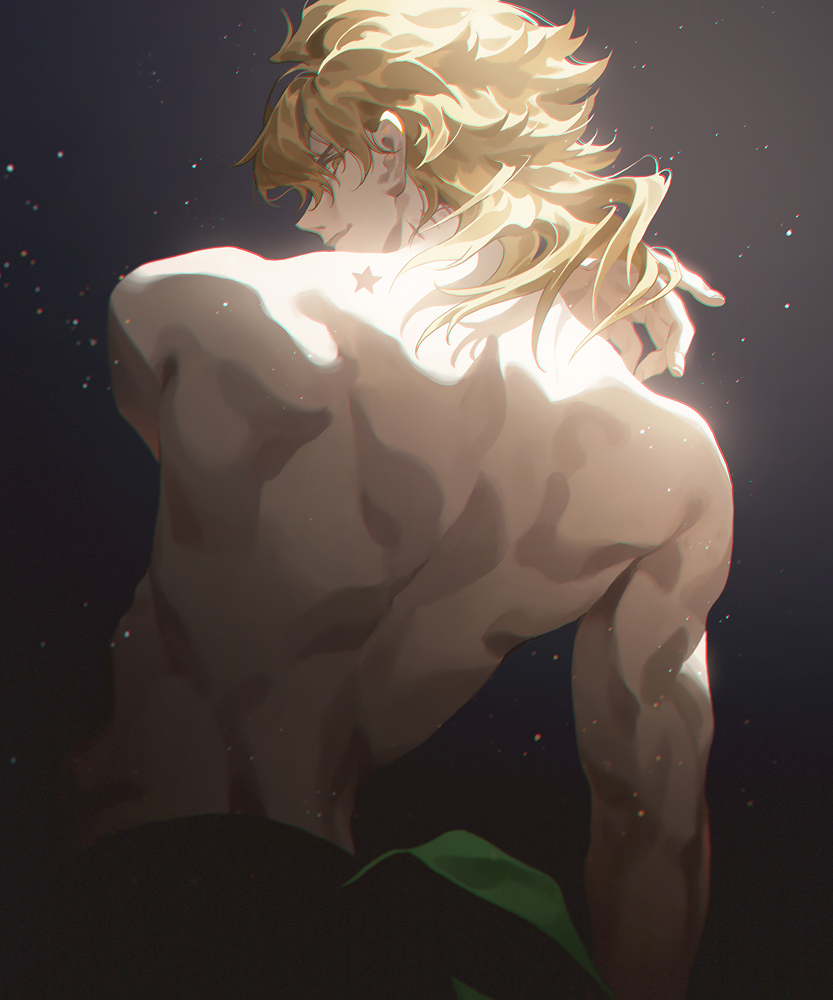 1boy back birthmark blonde_hair chromatic_aberration closed_mouth dio_brando duplicate fajyobore floating_hair from_behind joestar_birthmark jojo_no_kimyou_na_bouken jojo_pose light_particles light_smile long_hair looking_back making-of_available male_focus paid_reward_available photoshop_(medium) pixel-perfect_duplicate pose scar scar_on_neck shadow sideways_glance solo star_(symbol) stardust_crusaders toned toned_male topless_male upper_body wavy_hair yellow_eyes