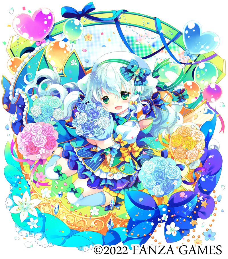 1girl :d animal_ears balloon bangs beret blue_bow blue_flower blue_footwear blue_rose blue_skirt boots bouquet bow brown_flower brown_rose character_request commentary_request eyebrows_visible_through_hair fang flower fruits_fulcute! green_bow green_eyes hair_between_eyes hair_bow hat heart_balloon looking_at_viewer object_hug official_art over-kneehighs pink_flower pink_rose pleated_skirt puffy_short_sleeves puffy_sleeves rose sakurazawa_izumi short_sleeves skirt smile solo striped striped_bow striped_skirt thigh-highs vertical-striped_skirt vertical_stripes watermark white_background white_flower white_hair white_headwear white_legwear white_rose yellow_bow yellow_flower yellow_rose