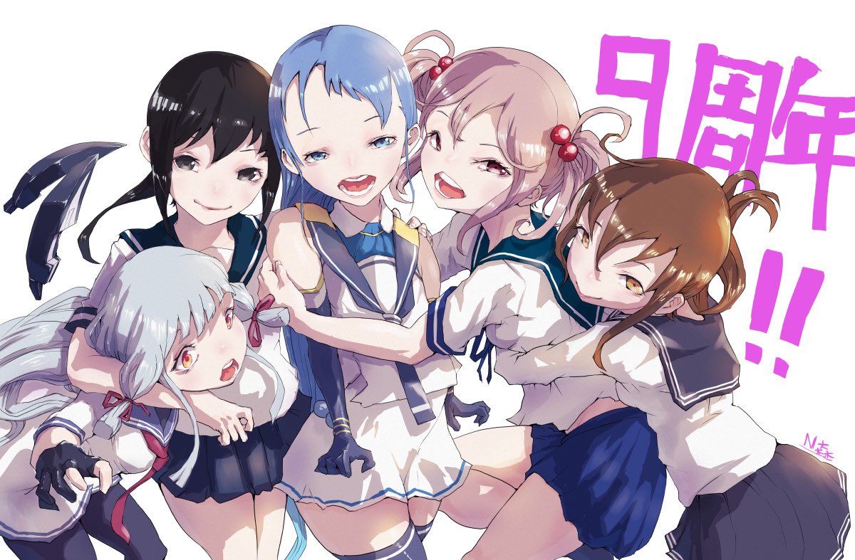 5girls anniversary bangs black_hair black_legwear black_neckerchief black_sailor_collar blue_eyes blue_hair blue_sailor_collar blue_skirt blunt_bangs brown_eyes brown_hair dress elbow_gloves floating_headgear folded_ponytail fubuki_(kancolle) gloves grey_eyes hair_bobbles hair_ornament hair_ribbon headgear hug inazuma_(kancolle) kantai_collection long_hair low_ponytail multiple_girls murakumo_(kancolle) n-mori neckerchief necktie orange_eyes pink_eyes pink_hair ponytail red_necktie ribbon sailor_collar sailor_dress samidare_(kancolle) sazanami_(kancolle) school_uniform serafuku shirt short_eyebrows short_hair short_ponytail sidelocks skirt sleeveless sleeveless_shirt tress_ribbon twintails upper_body white_shirt