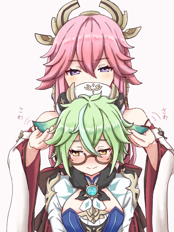 2girls animal_ears blush cleavage_cutout clothing_cutout dadamori ear_grab genshin_impact glasses green_hair hair_ornament hat holding_ears japanese_clothes miko multiple_girls petting pink_hair stroking sucrose_(genshin_impact) violet_eyes vision_(genshin_impact) yae_miko yellow_eyes