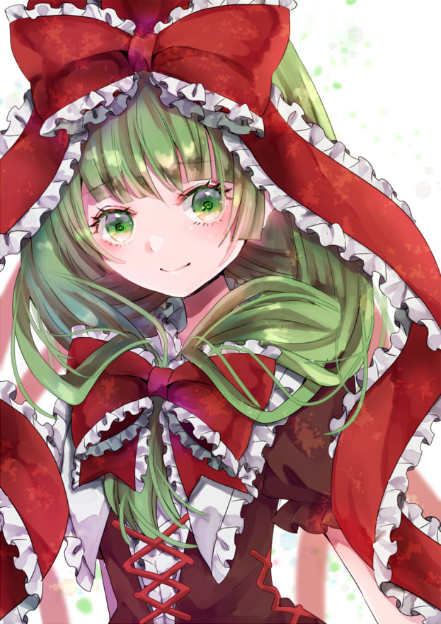 1girl bangs bow bowtie closed_mouth dress eyebrows_visible_through_hair frilled_bowtie frilled_ribbon frilled_sleeves frills front_ponytail green_eyes green_hair hair_bow hair_ribbon jaku_sono kagiyama_hina looking_at_viewer medium_hair puffy_short_sleeves puffy_sleeves red_bow red_bowtie red_dress red_ribbon ribbon short_sleeves smile solo touhou upper_body white_background