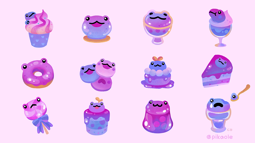 animal animal_focus artist_name black_eyes blueberry bow cake cake_slice candy closed_eyes closed_mouth commentary cookie cup cupcake doughnut english_commentary food frog fruit gelatin lollipop looking_at_viewer no_humans open_mouth original pikaole purple_background purple_bow simple_background smile spoon tears watermark