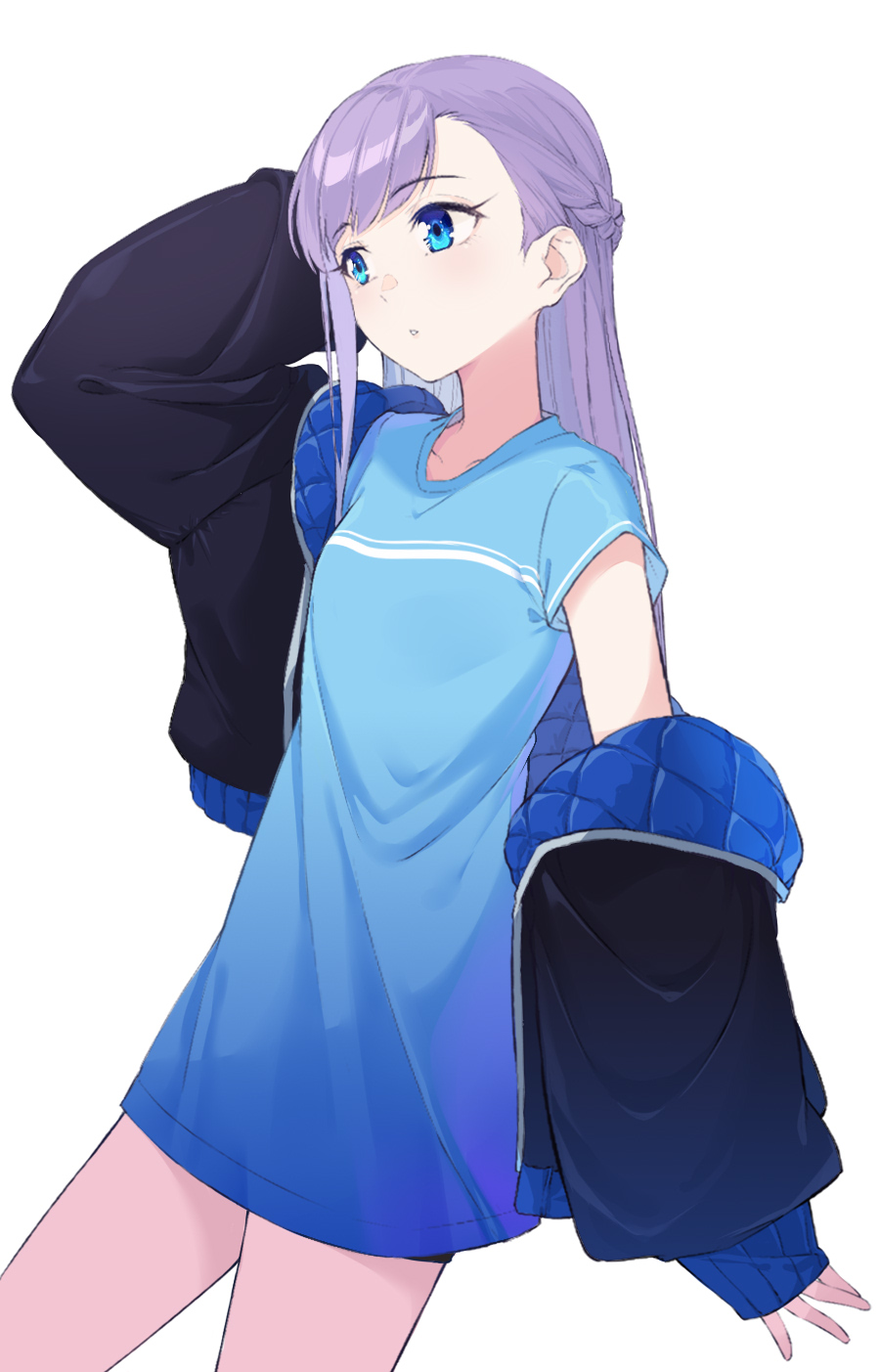 1girl bangs black_jacket blue_eyes blue_shirt blush braid breasts casual coffeekite fate/extra fate/extra_ccc fate/grand_order fate_(series) french_braid highres jacket long_hair long_sleeves looking_to_the_side meltryllis_(fate) off_shoulder open_clothes open_jacket purple_hair shirt short_sleeves small_breasts thighs very_long_hair white_background