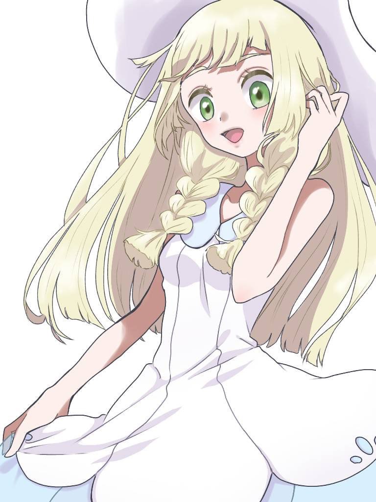 1girl :d aria_pkmn blonde_hair blush braid collared_dress commentary_request dress green_eyes hand_up hat lillie_(pokemon) long_hair looking_down open_mouth pokemon pokemon_(game) pokemon_sm see-through simple_background sleeveless sleeveless_dress smile solo sun_hat sundress tongue twin_braids white_background white_dress white_headwear
