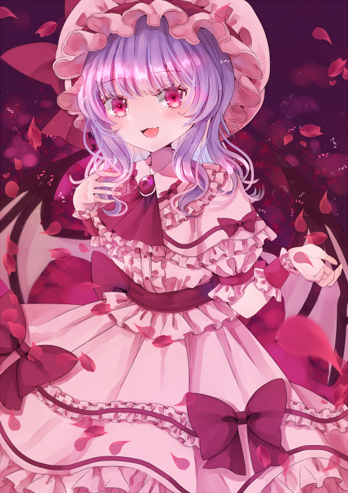 1girl :3 :d ascot back_bow bangs bat_wings blush bow brooch center_frills dress embellished_costume eyebrows_visible_through_hair fang frilled_dress frilled_shirt_collar frilled_sleeves frills hand_up hat hat_ribbon jaku_sono jewelry long_sleeves looking_at_viewer magenta_eyes medium_hair mob_cap open_mouth petals pink_dress pink_headwear puffy_short_sleeves puffy_sleeves purple_ascot purple_background purple_bow purple_hair purple_ribbon red_eyes remilia_scarlet ribbon rose_petals sash short_sleeves smile solo touhou wings wrist_cuffs