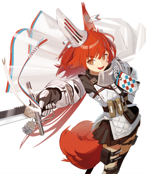 1girl :d animal_ears arknights armor black_bag black_skirt cape cowboy_shot ear_covers ear_piercing flametail_(arknights) gauntlets holding holding_sword holding_weapon kegani_(kegani01) long_hair looking_at_viewer open_mouth piercing pleated_skirt redhead shirt simple_background skirt smile solo squirrel_ears squirrel_girl squirrel_tail sword tail thigh_pouch thigh_strap v-shaped_eyebrows weapon white_background white_cape white_shirt yellow_eyes