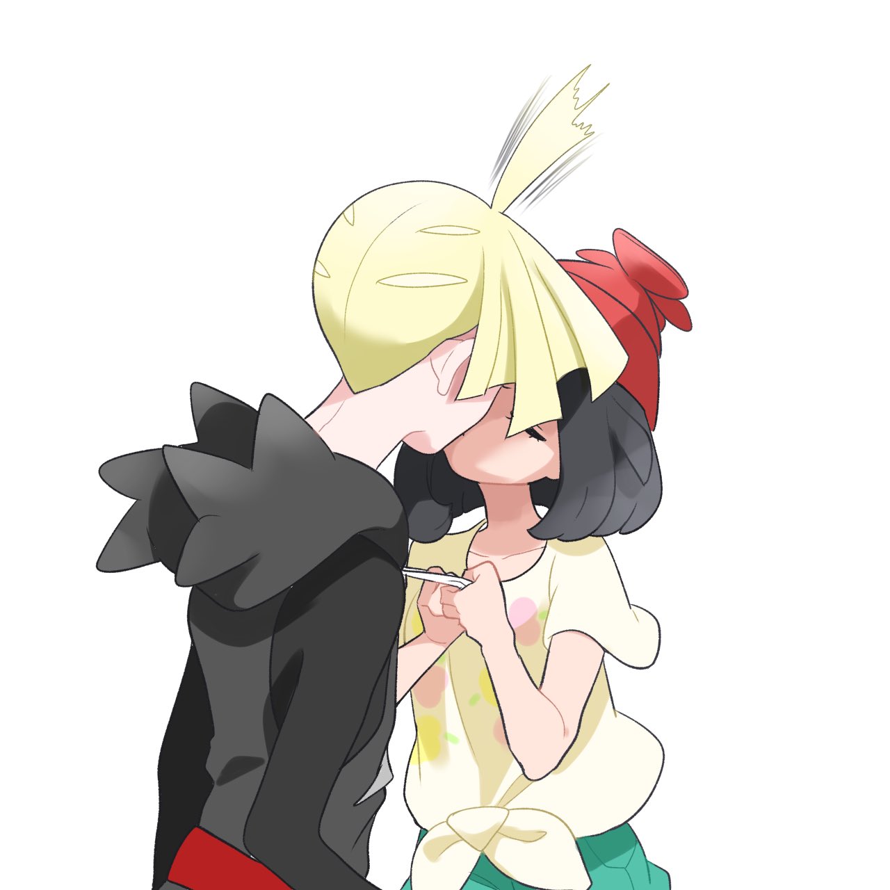 1boy 1girl ahoge aria_pkmn beanie black_hair blonde_hair closed_eyes collarbone commentary_request expressive_hair eyelashes gladion_(pokemon) green_shorts grey_hoodie hat hetero highres hood hood_down hoodie kiss medium_hair pokemon pokemon_(game) pokemon_sm red_headwear selene_(pokemon) shirt short_hair short_sleeves shorts simple_background t-shirt tied_shirt white_background yellow_shirt