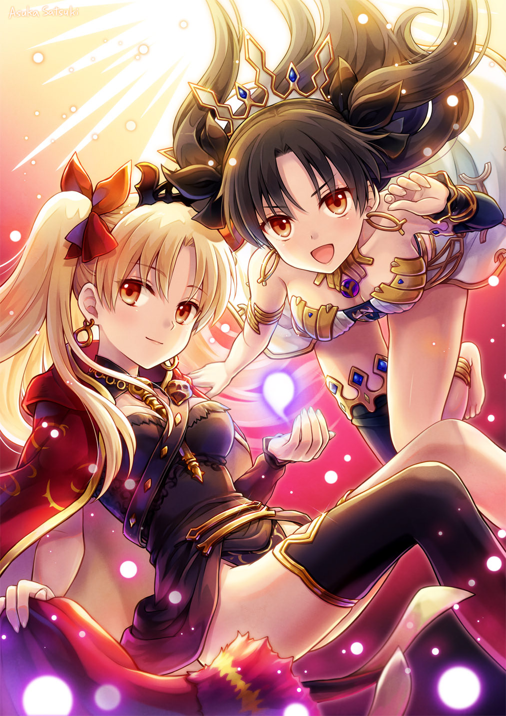 2girls anklet armlet artist_name asymmetrical_sleeves bangs barefoot black_hair black_legwear black_leotard black_ribbon blonde_hair breasts cannan cape closed_mouth collarbone commentary_request earrings ereshkigal_(fate) eyebrows_visible_through_hair fate/grand_order fate_(series) floating floating_hair gold_trim hair_ribbon highres hood hood_down hooded_cape hoop_earrings ishtar_(fate) jewelry leotard light_particles long_hair looking_at_viewer medium_breasts multiple_girls open_mouth parted_bangs red_cape red_eyes red_ribbon ribbon siblings single_sleeve single_thighhigh sisters smile thigh-highs tiara two_side_up white_leotard