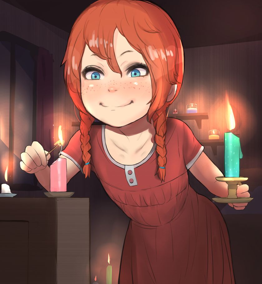 1girl 4066 bangs blue_eyes braid candle candlelight candlestand commission dress freckles light looking_at_viewer night nightgown original redhead short_hair smile solo twin_braids wax
