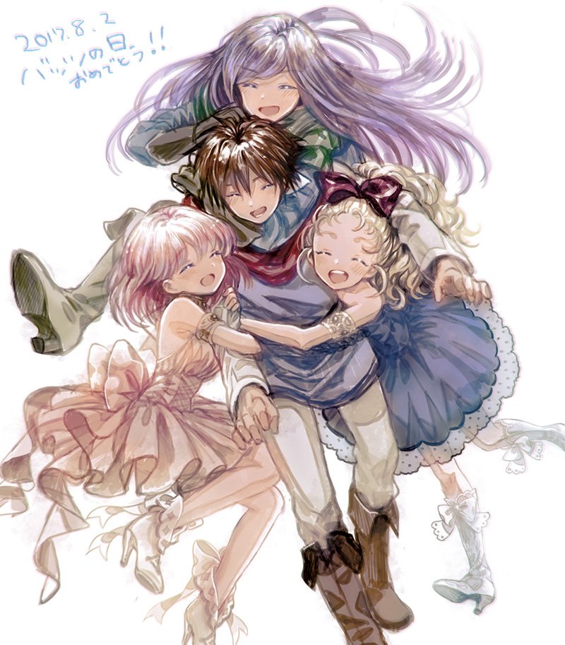 1boy 3girls blonde_hair blush butz_klauser dated dress faris_scherwiz feet_out_of_frame final_fantasy final_fantasy_v jewelry krile_mayer_baldesion lenna_charlotte_tycoon long_hair multiple_girls open_mouth pink_hair ponytail purple_hair short_hair siblings simple_background sisters smile takatora white_background