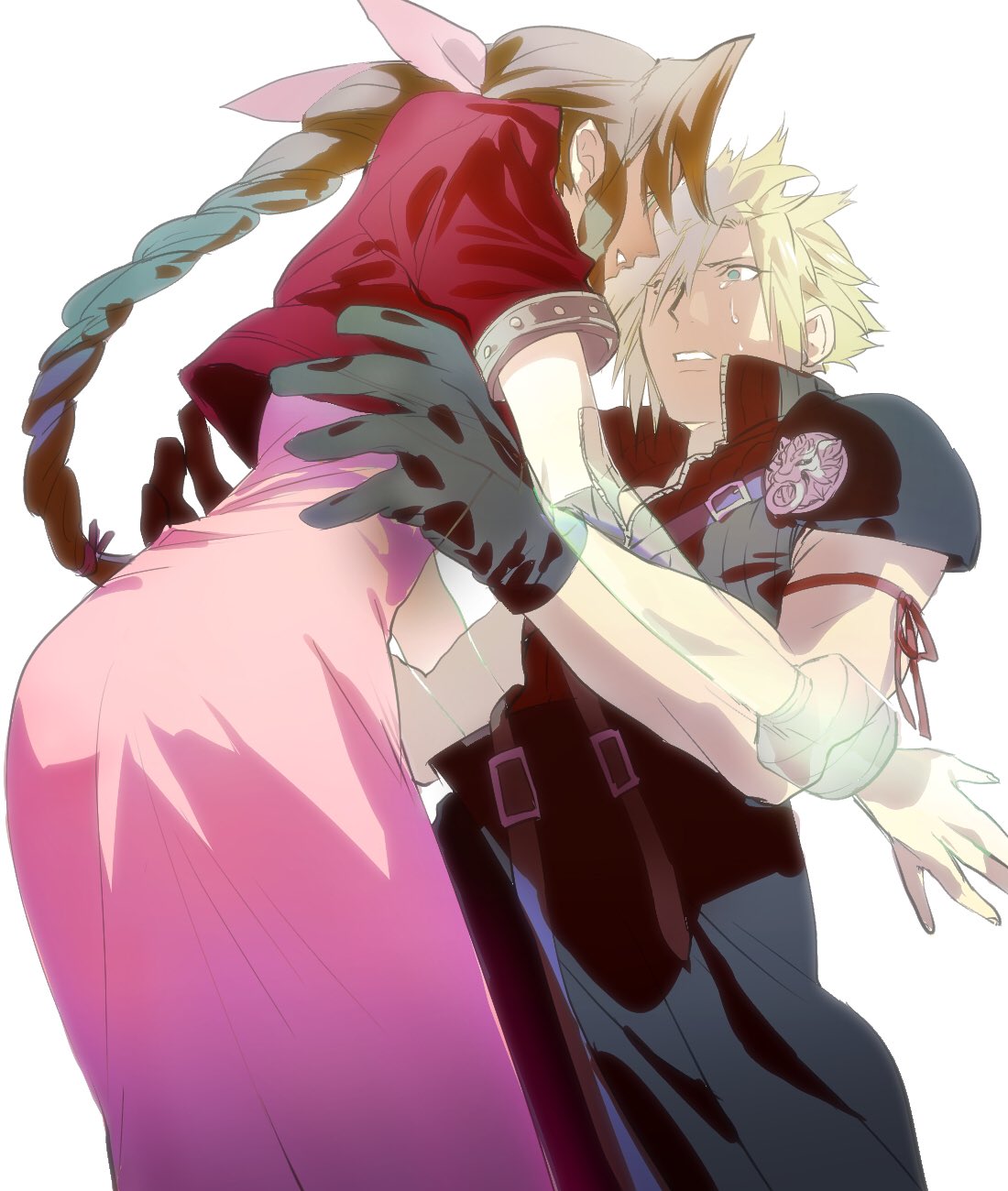 1boy 1girl aerith_gainsborough arm_ribbon armor asymmetrical_hair black_gloves black_shirt blonde_hair blue_eyes bracelet braid braided_ponytail brown_hair cloud_strife collaboration couple cropped_jacket crying dress final_fantasy final_fantasy_vii final_fantasy_vii_advent_children ghost gloves hair_ribbon high_collar highres jacket jewelry long_dress mikuroron muscular muscular_male open_collar outstretched_arms parted_lips pink_dress reaching_out red_jacket ribbon shirt shoulder_armor sidelocks spiky_hair strap talesofmea tears transparent upper_body white_background