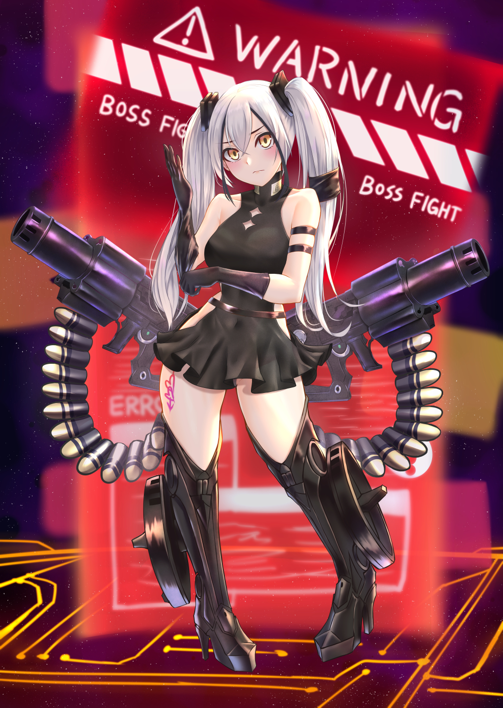 1girl arm_strap bangs bare_shoulders black_dress blush breasts chinese_commentary closed_mouth commentary crossed_bangs destroyer_(girls'_frontline) dress english_commentary full_body girls_frontline highres large_breasts long_hair looking_at_viewer mixed-language_commentary popoman sangvis_ferri sleeveless solo standing thighs twintails weapon yellow_eyes