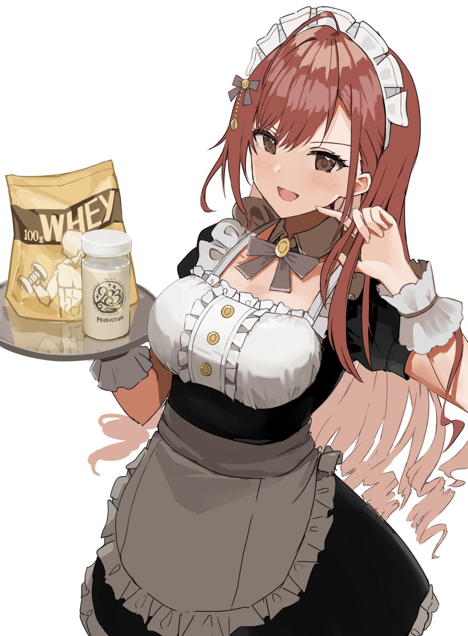 ahoge alternate_costume apron arisugawa_natsuha bangs black_dress bow bowtie breasts brown_eyes brown_hair buttons commentary detached_collar dress enmaided eyebrows eyelashes frilled_apron frilled_dress frills hair_ornament hand_up highres holding holding_tray idolmaster idolmaster_shiny_colors jar large_breasts light_blush long_hair looking_at_viewer maid maid_apron maid_headdress open_mouth playing_with_own_hair shirt short_sleeves smile solo tray waist_apron whey_protein_powder white_background white_shirt wrist_cuffs zocie