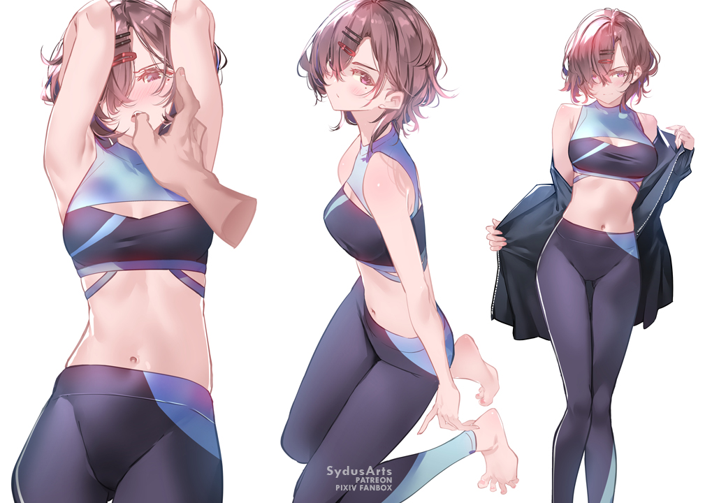 1boy 1girl armpits arms_up bangs bare_shoulders barefoot black_pants blush brown_hair closed_mouth crop_top finger_in_another's_mouth hair_ornament hairclip high-waist_pants higuchi_madoka idolmaster idolmaster_shiny_colors jacket kneeling leggings looking_at_viewer midriff mole mole_under_eye navel open_mouth pants pov pov_hands short_hair solo_focus sportswear standing swept_bangs sydus tank_top tight tight_pants toes undressing violet_eyes yoga_pants