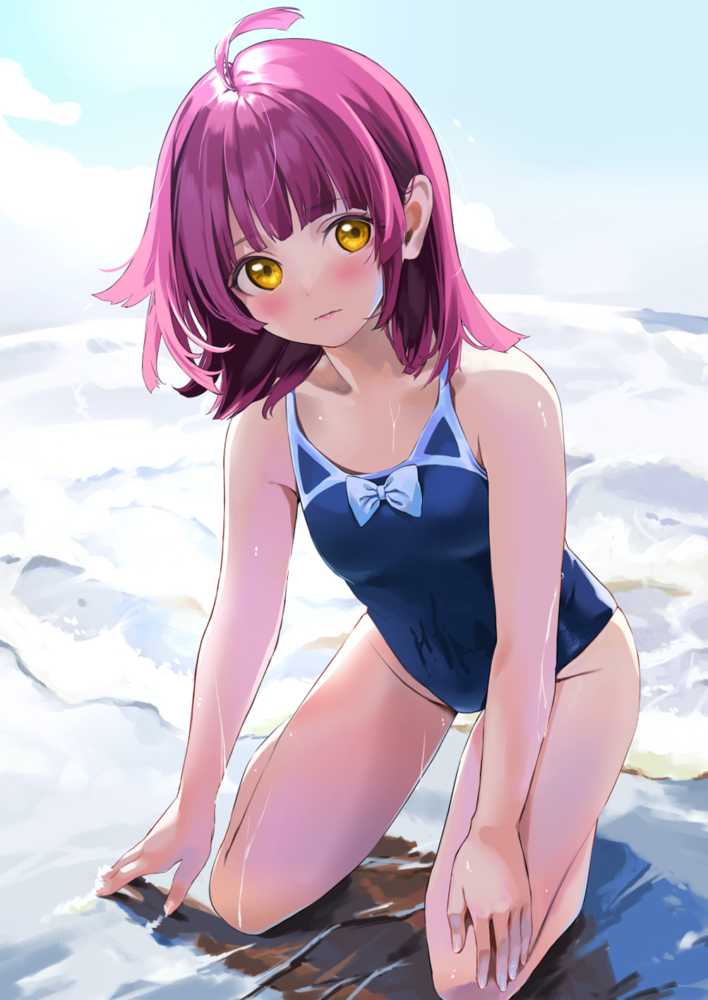 ahoge bangs beach blue_sky blue_swimsuit blush bow bow_swimsuit breasts closed_mouth clouds day expressionless eyebrows_visible_through_hair hand_on_floor hand_on_own_thigh highleg highleg_swimsuit highres hinami_riku kneeling legs looking_at_viewer love_live! love_live!_nijigasaki_high_school_idol_club ocean one-piece_swimsuit pink_hair short_hair sidelocks sky small_breasts solo swimsuit tennouji_rina thigh_gap thighs wet white_bow yellow_eyes