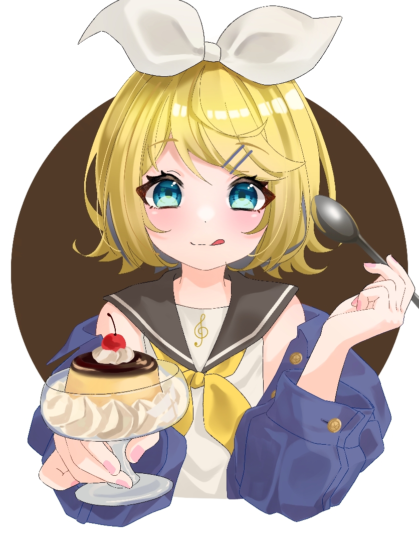 1girl :p bangs blonde_hair blue_eyes blush bow cherry cropped_torso flipped_hair food fruit gumi_lilk hair_bow hair_ornament hairclip holding holding_food holding_spoon jacket kagamine_rin licking_lips looking_at_object multicolored_hair neckerchief off_shoulder pudding pudding_a_la_mode school_uniform serafuku shirt short_hair sleeveless sleeveless_shirt smile solo spoon streaked_hair tongue tongue_out vocaloid