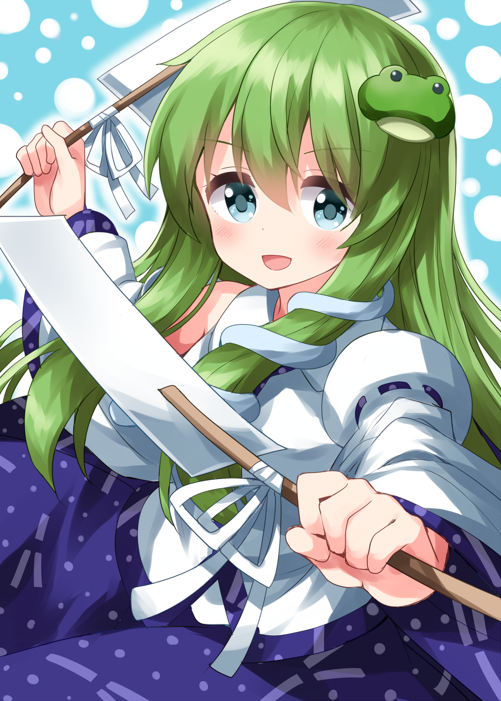 1girl arms_up bangs bare_shoulders blue_background blue_eyes blush bobbles breasts collared_shirt detached_sleeves eyebrows_visible_through_hair eyes_visible_through_hair frog_hair_ornament gohei green_hair hair_between_eyes hair_ornament hands_up highres kochiya_sanae long_hair long_sleeves looking_to_the_side medium_breasts one-hour_drawing_challenge open_mouth purple_skirt ribbon ruu_(tksymkw) shirt skirt smile snake_hair_ornament solo standing tongue touhou white_ribbon white_shirt wide_sleeves