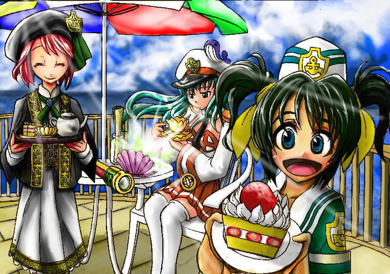 3girls black_headwear black_shirt bottle cake cake_slice closed_eyes closed_mouth clouds cloudy_sky commentary commentary_request cup dress food fruit gaoo_(frpjx283) gold_trim green_eyes green_hair green_shirt guard_rail hat kneehighs long_hair multiple_girls ocean open_mouth orange_dress original plate redhead sailor_collar sailor_hat sailor_shirt shirt short_hair short_twintails sky strawberry strawberry_shortcake table tea teacup teapot telescope translation_request twintails umbrella whale_ornament white_dress white_headwear