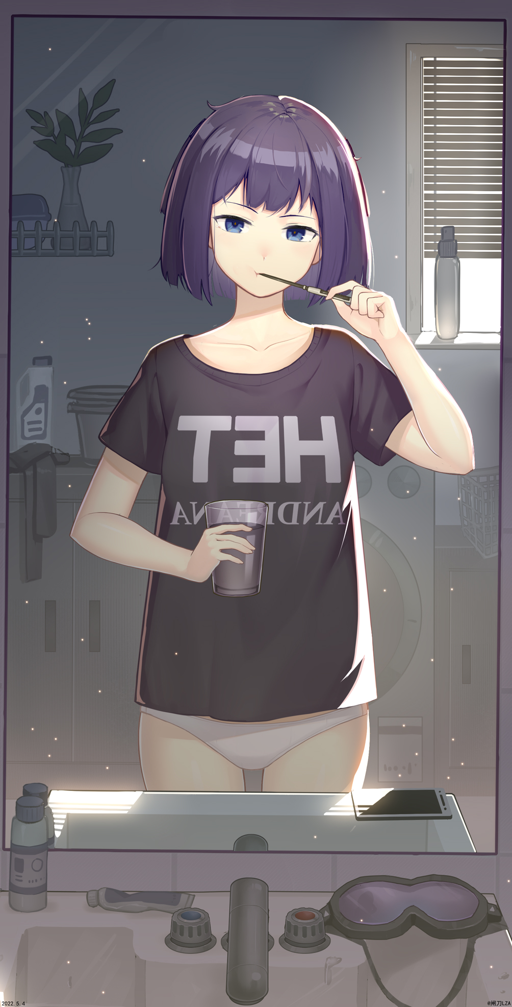 1girl andreana_(arknights) arknights black_shirt blinds blue_eyes bob_cut character_name clothes_writing collarbone cowboy_shot cup drinking_glass faucet goggles goggles_removed highres holding holding_cup indoors looking_at_viewer mirror no_pants panties plant purple_hair reflection shirt short_hair short_sleeves solo standing t-shirt underwear white_panties window zhadao_lza