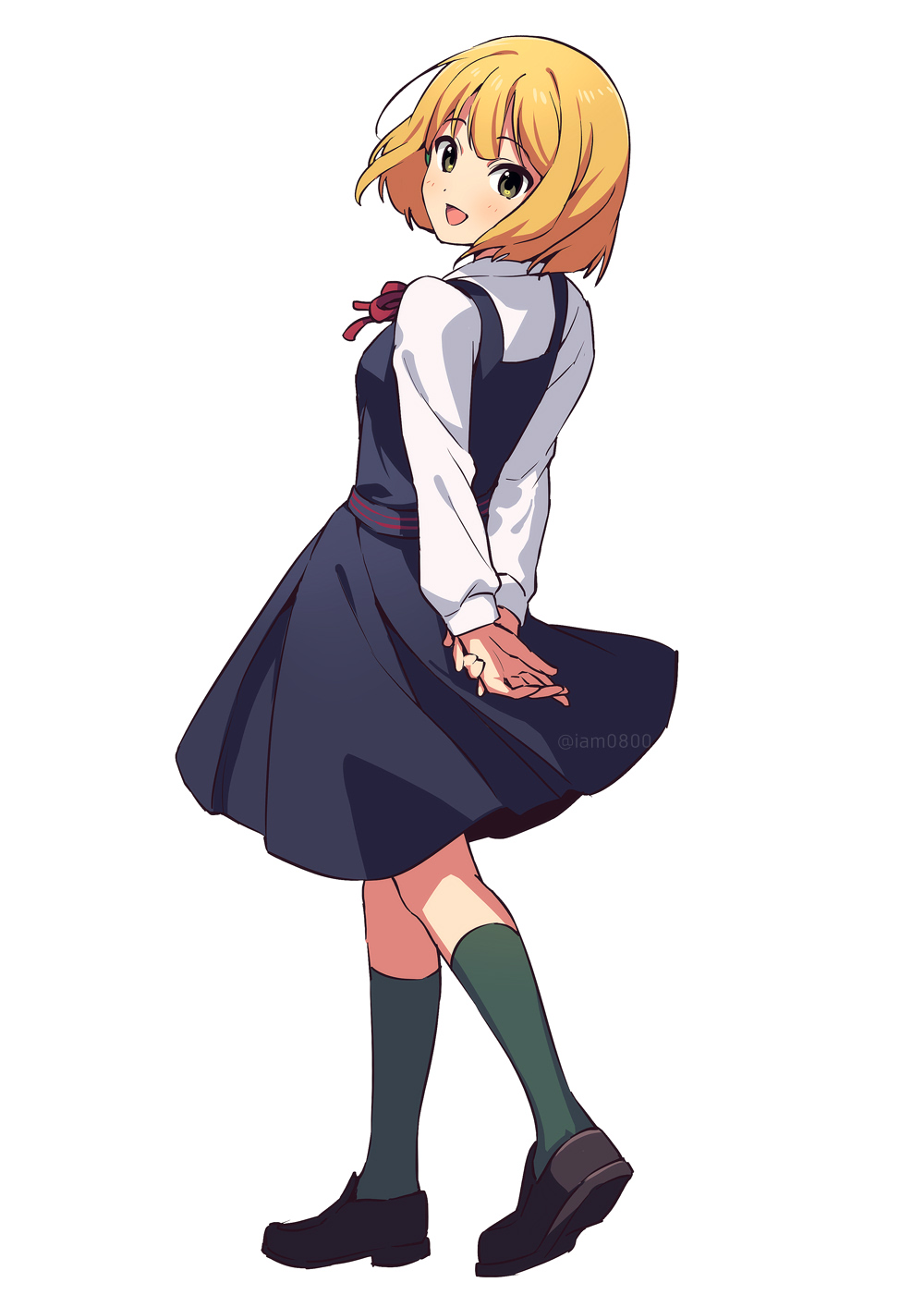 1girl :d arms_behind_back asada_hachi bangs banned_artist black_footwear blonde_hair blue_dress blush breasts commentary dress eyebrows_visible_through_hair full_body green_eyes green_legwear happy highres kneehighs loafers long_sleeves looking_at_viewer looking_back open_mouth own_hands_together pinafore_dress school_uniform shirt shoes short_hair simple_background sleeveless sleeveless_dress small_breasts smile solo standing tamako_market tokiwa_midori twitter_username watermark white_background white_shirt