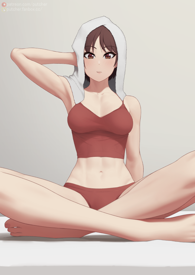 1girl arm_support arm_up armpits athletic bangs barefoot blush breasts brown_eyes brown_hair camisole collarbone drying drying_hair headband indian_style kasugano_sakura looking_at_viewer medium_breasts midriff navel panties putcher red_camisole red_panties short_hair sitting solo street_fighter toned towel towel_on_head underwear