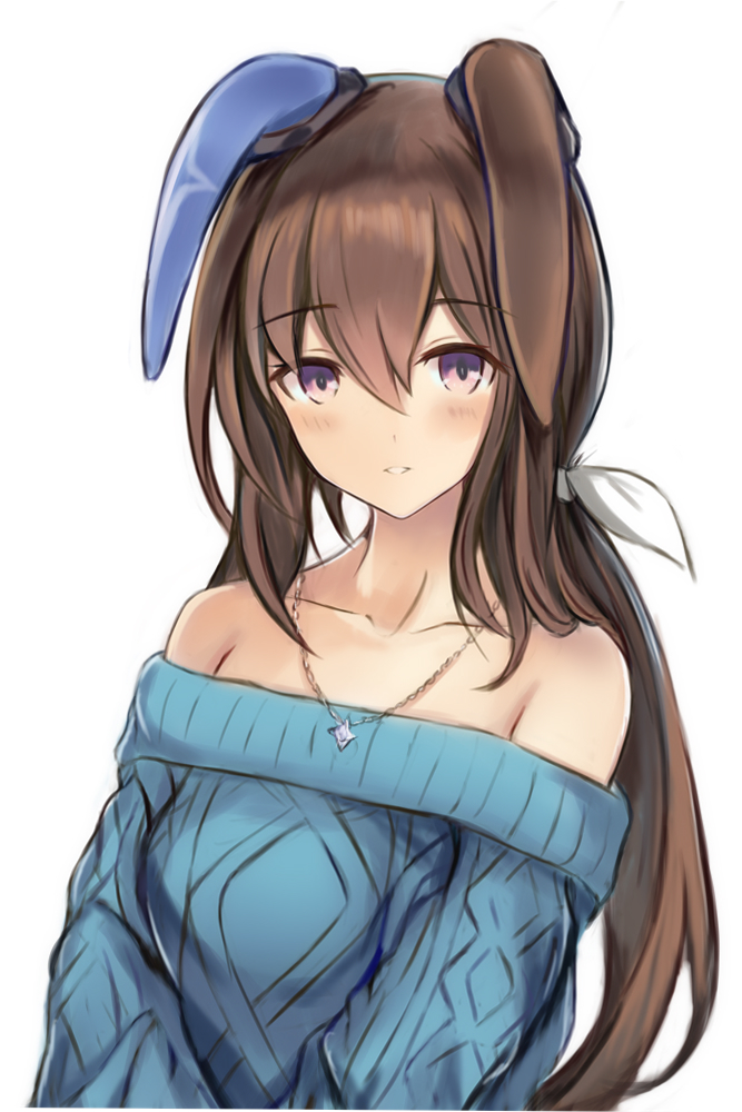 1girl admire_vega_(umamusume) animal_ears bangs bare_shoulders blue_sweater blush brown_hair collarbone commentary_request eyebrows_visible_through_hair hair_between_eyes hair_ribbon jewelry long_hair long_sleeves looking_at_viewer low_ponytail nannacy7 off-shoulder_sweater off_shoulder parted_lips pendant ribbon simple_background solo sweater umamusume upper_body violet_eyes white_background white_ribbon